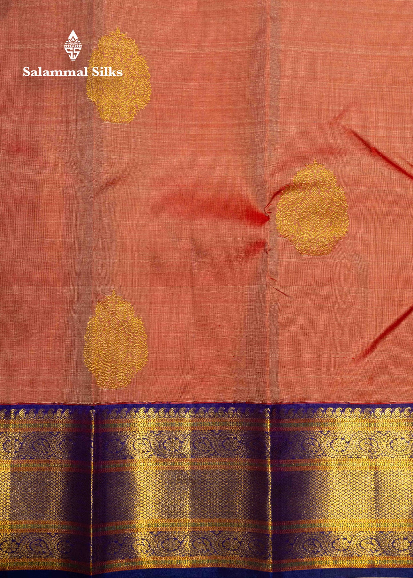 Korvai Dual tone peach body Pure Kanjivaram Silk Saree With violet Border