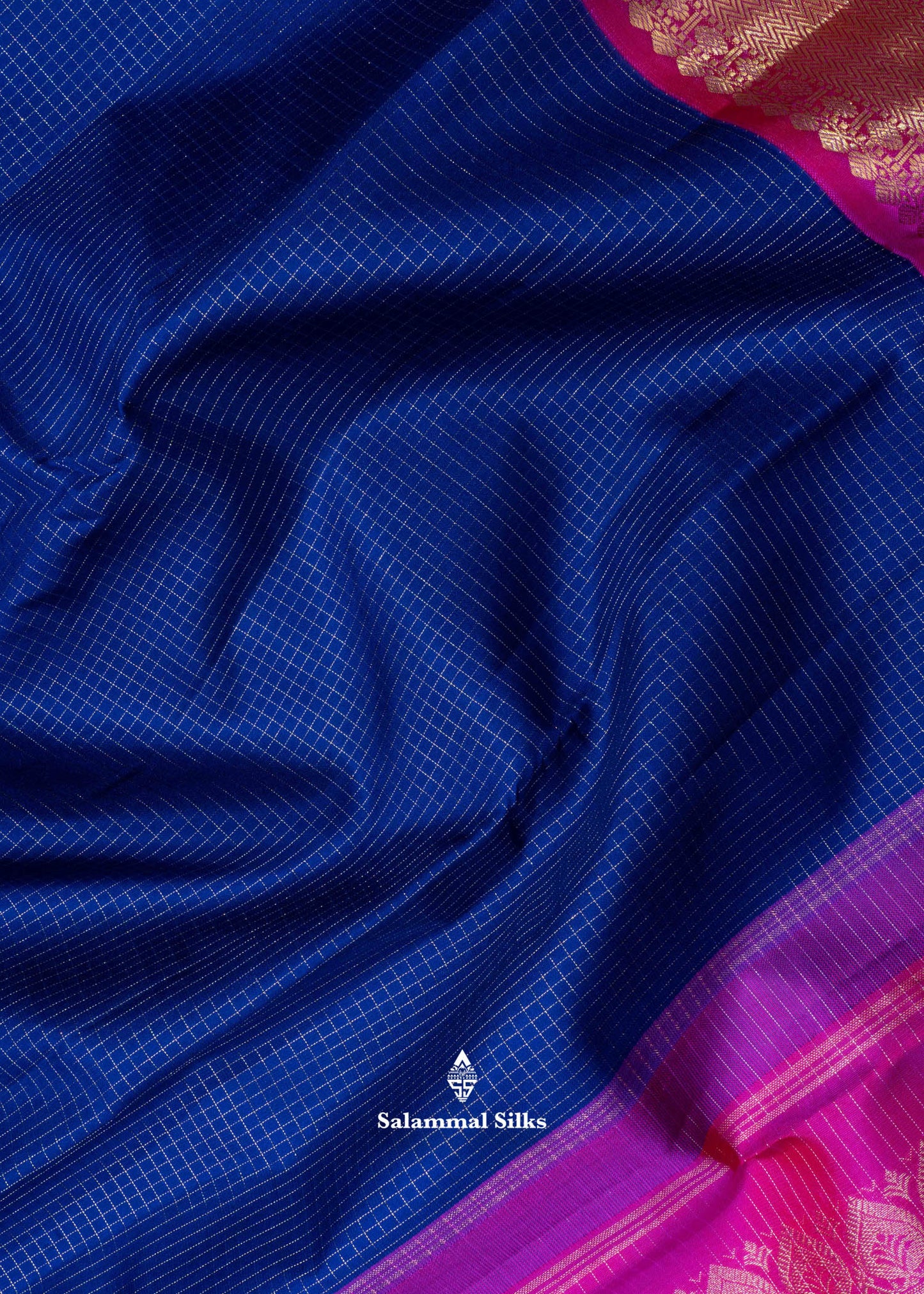 Kanjivaram Navy Blue Vaira Oosi Checks Pure Silk Saree With Pink Blouse
