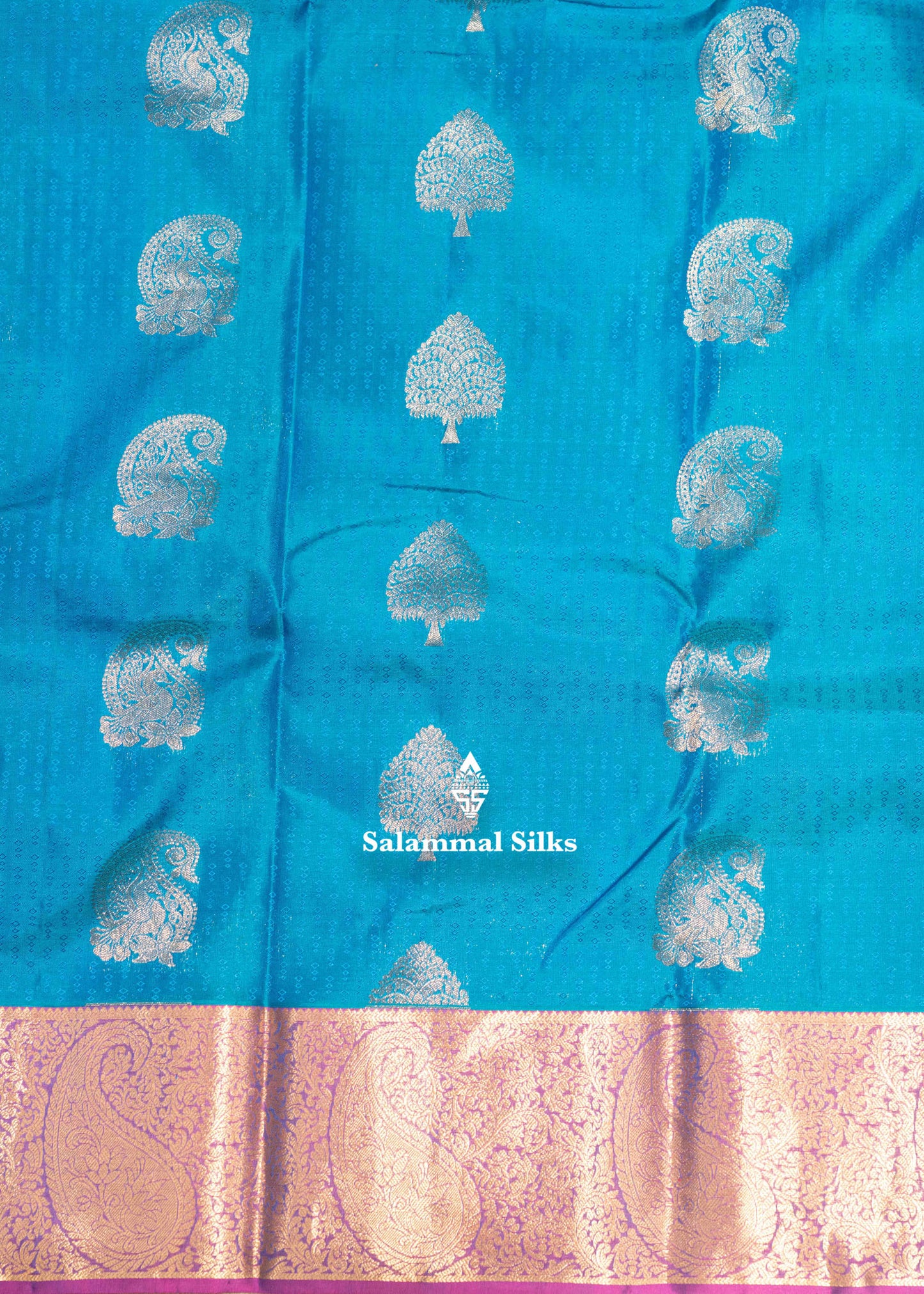 Peacock Blue Pure Kanjivaram Silk Saree With Violet Border