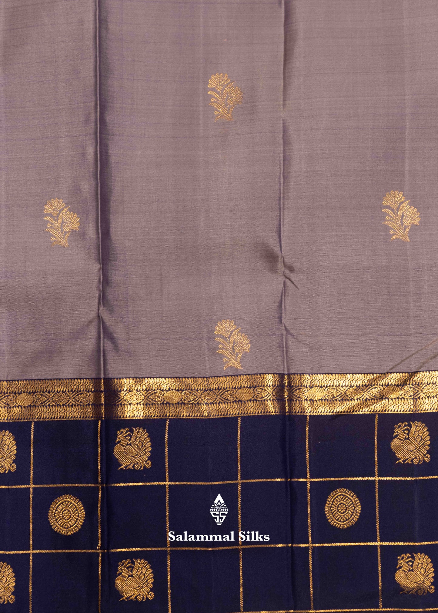 Grey Colour Kanjivaram Pure Silk Saree With Navy Blue Traditional Checks Border