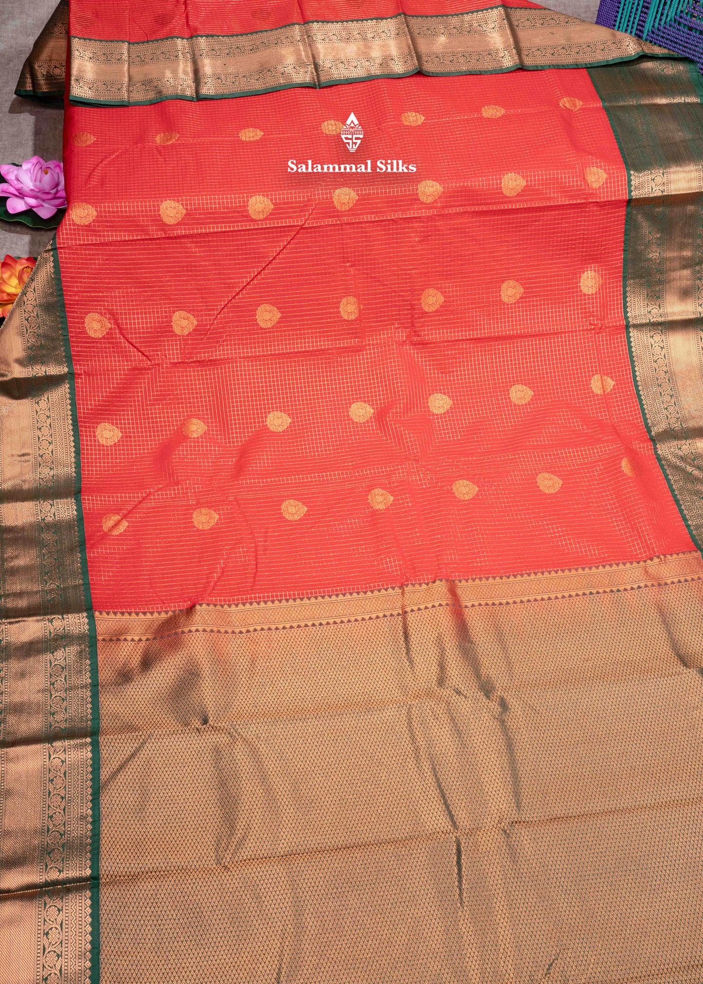 Chilly Red Colour Semi Silk Saree With Copper Zari Bottle Green Border