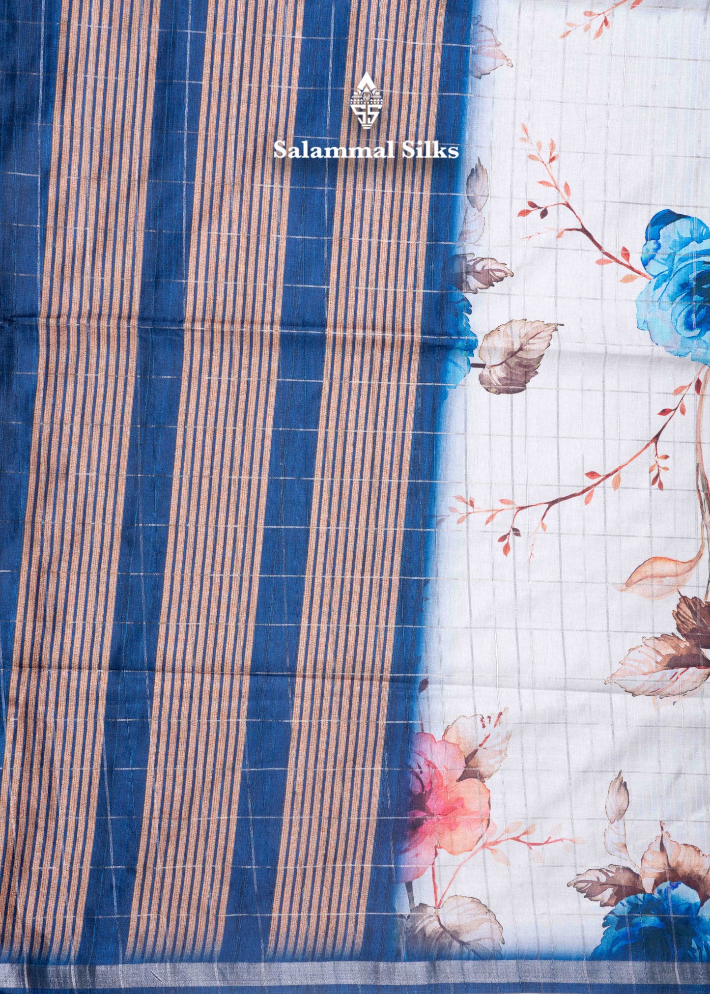 Cream Colour Semi Tussar Saree With Floral Prints & Zari Checks
