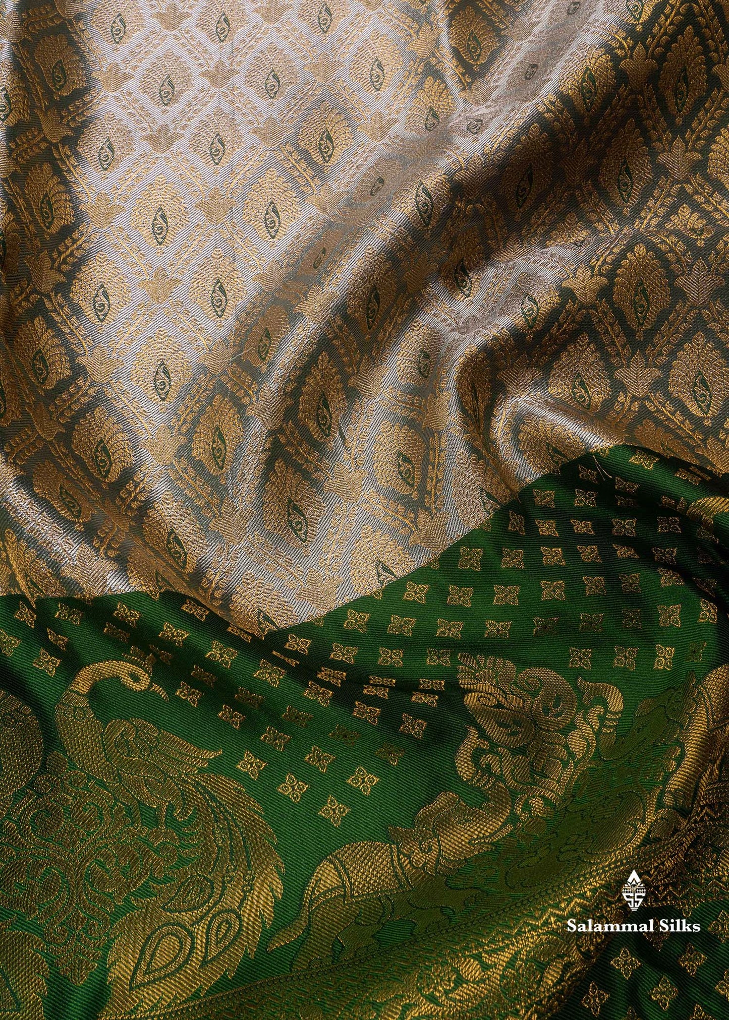 Cream Colour Tissue Semi Silk Saree With Bottle Green Border