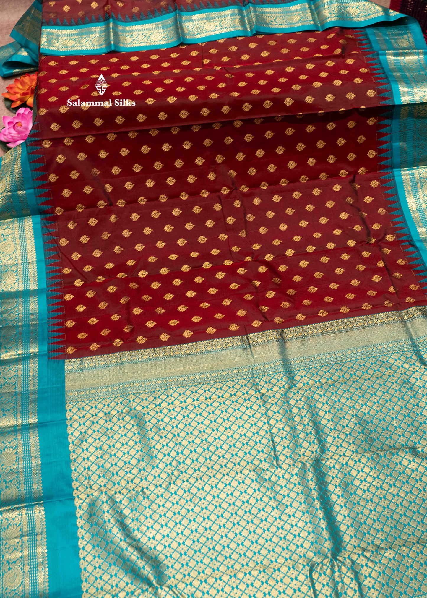 Dark Maroon Colour Kanjivaram Pure Silk Saree With Sapphire Green Border