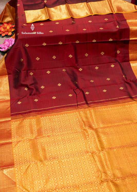 Korvai Maroon Colour Kanjivaram Pure Silk Saree With Mustard Yellow Border