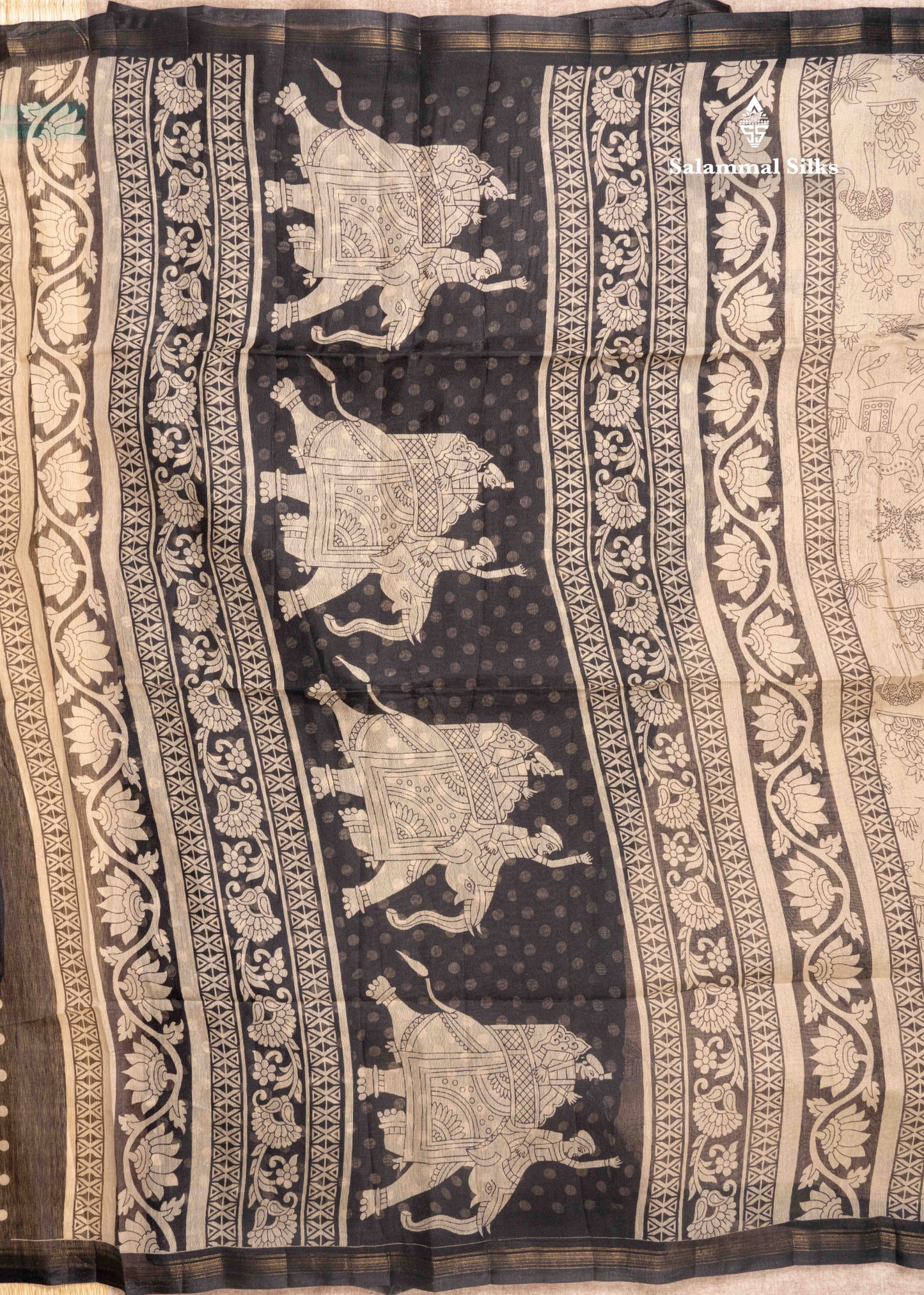 Beige Colour Kalamkari Printed Cotton Mix Saree With Navy Blue Blouse