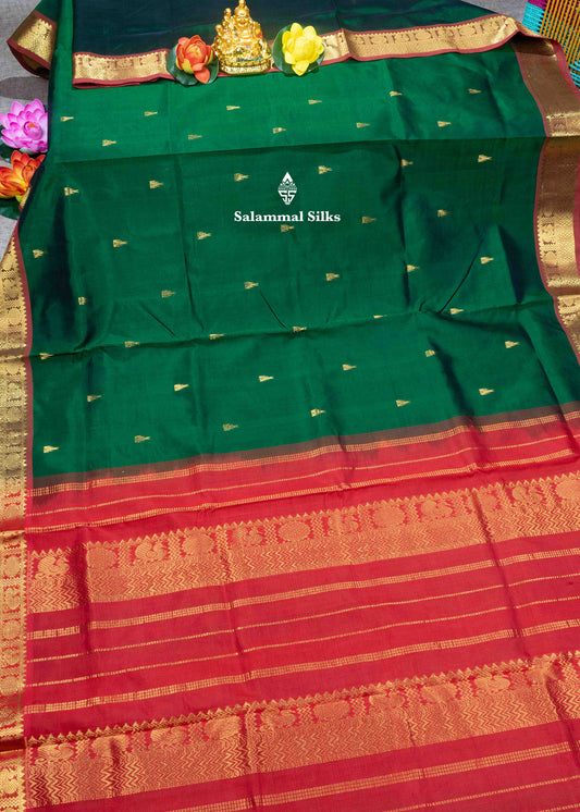 Bottle Green Pure Silk Cotton Saree With Maroon Blouse