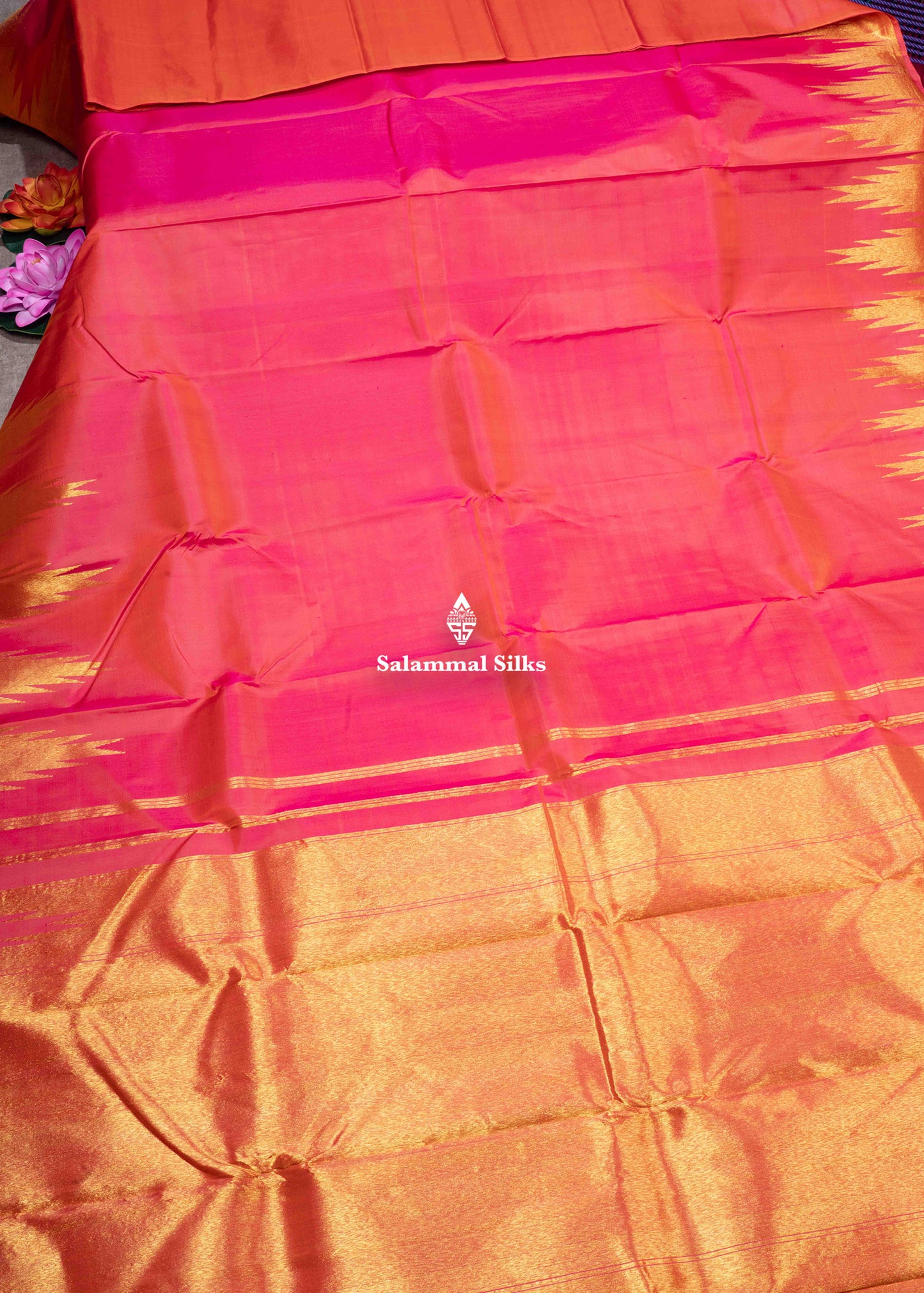 Kanjivaram Pinkish Orange Pure Silk Saree With Gold Zari Temple Border
