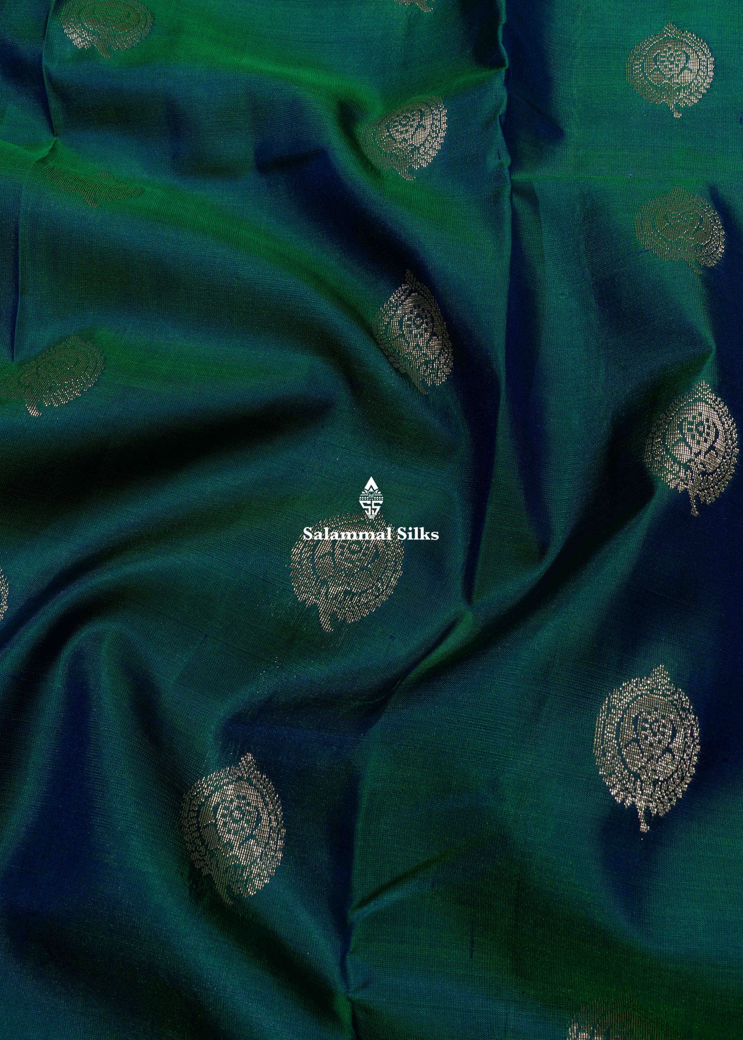 Kanjivaram Peacock Green Pure Silk Saree With Violet Colour Blouse