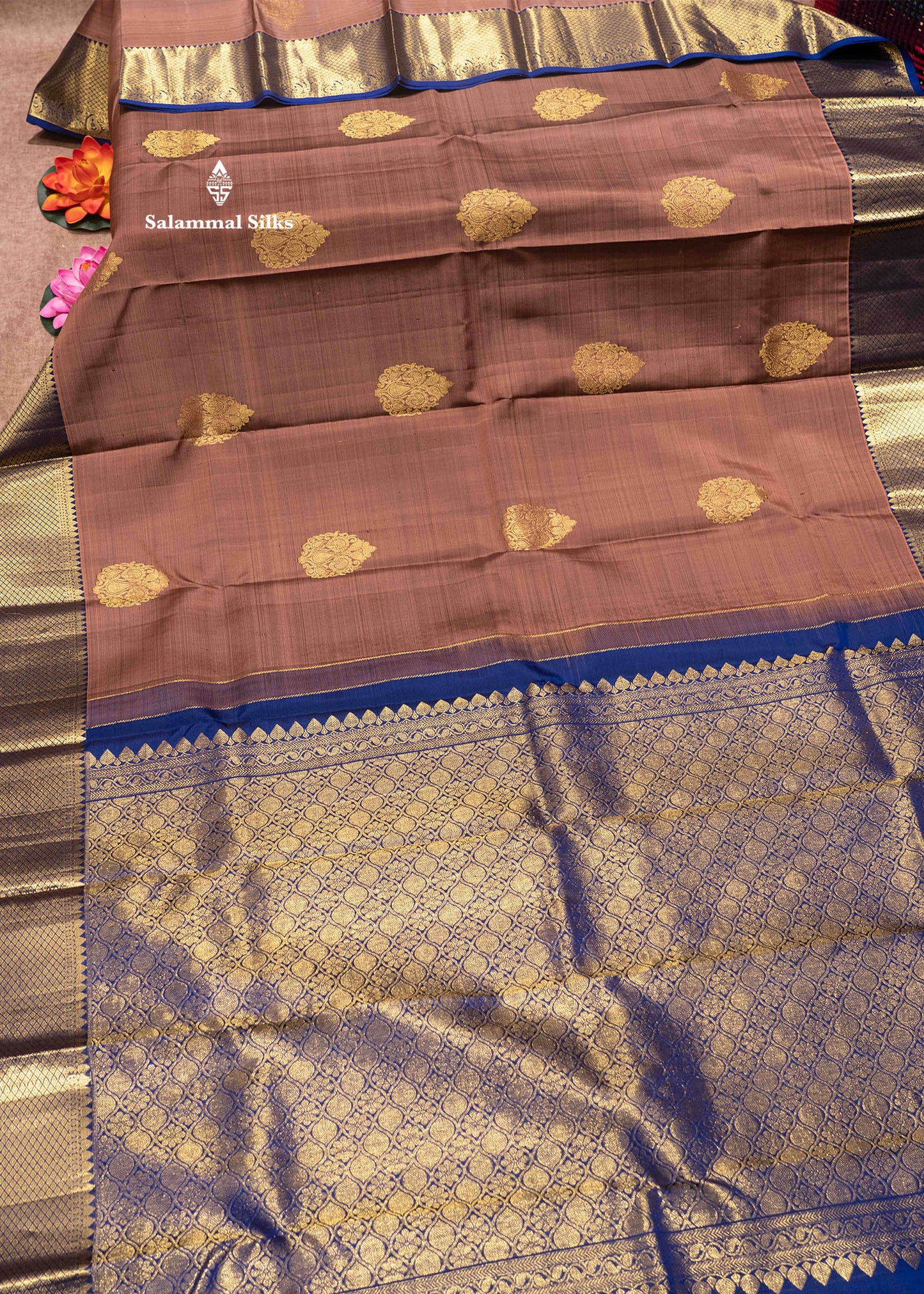Olive Brown Colour Kanjivaram Pure Silk Saree With Royal Blue Traditional Border