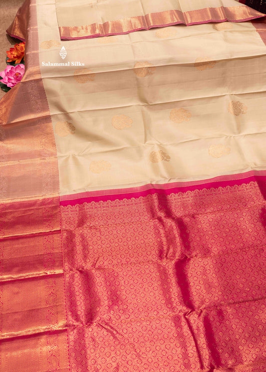 Half White Colour Kanjivaram Pure Silk Saree With Light Pink Long Size Border
