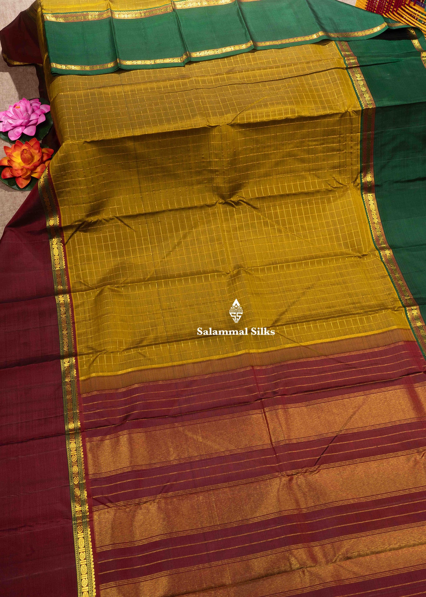 Kanjivaram Olive Mustard Yellow Pure Silk Saree With Traditional Ganga Jamuna Border