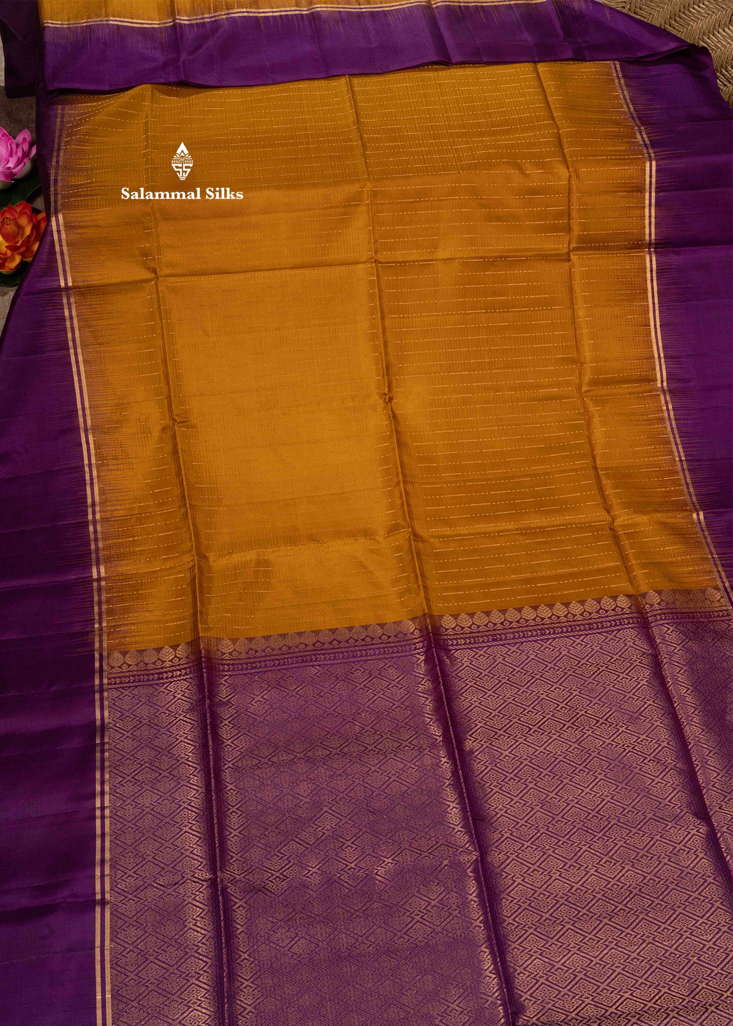 Pure Kanjivaram Olive Mustard Yellow Soft Silk Saree With Violet Border