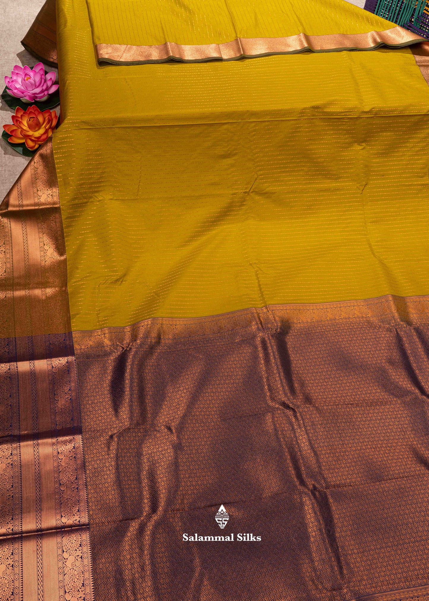 Olive Mustard Yellow Semi Silk Saree With Navy Blue Blouse