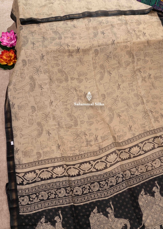 Beige Colour Kalamkari Printed Cotton Mix Saree With Navy Blue Blouse
