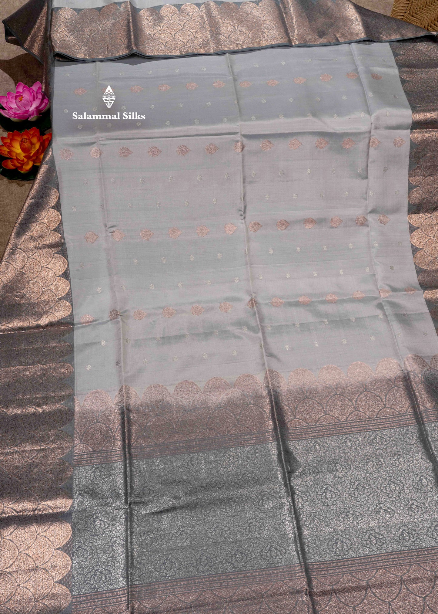 Pure Kanjivaram Light Grey Colour Soft Silk Saree With Copper Zari Border