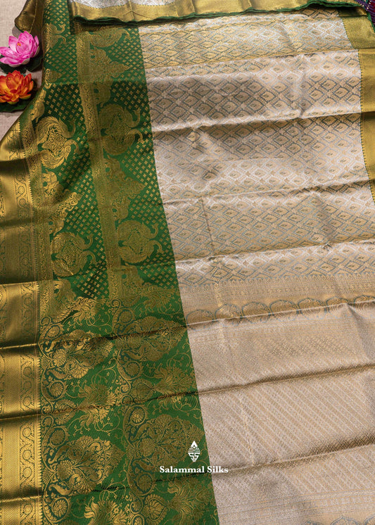 Cream Colour Tissue Semi Silk Saree With Bottle Green Border