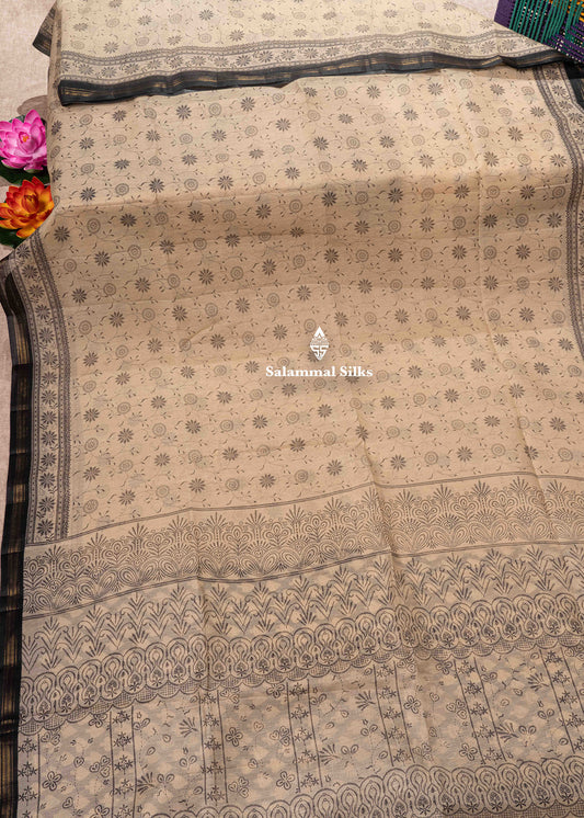 Beige Colour Fancy Cotton Mix Saree With Navy Blue Blouse