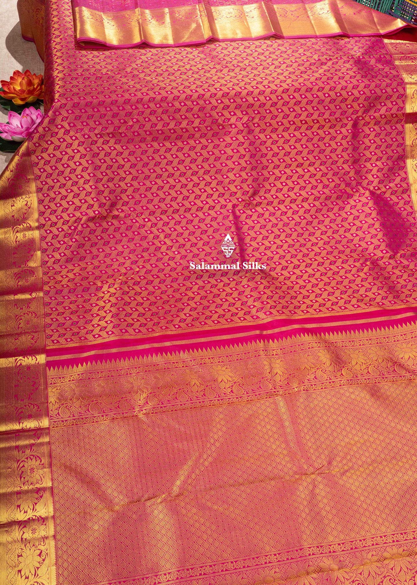 Pure Kanjivaram Magenta Pink Colour Meena Work Silk Saree With Gold Zari Border