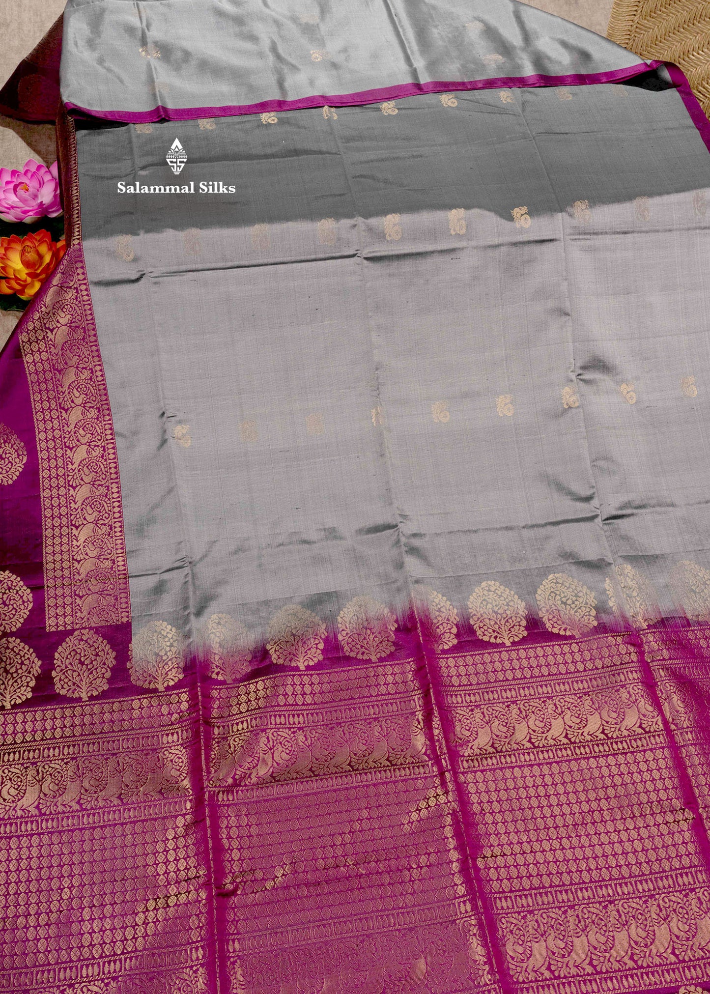 Pure Kanjivaram Grey Colour Soft Silk Saree With Fancy Violet Border