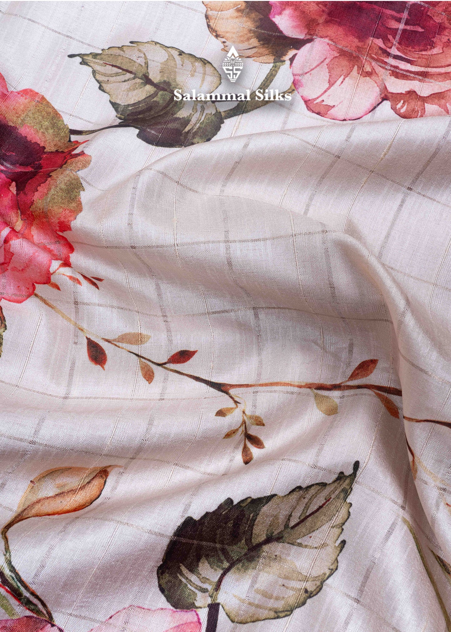 Cream Colour Semi Tussar Saree With Floral Prints & Zari Checks