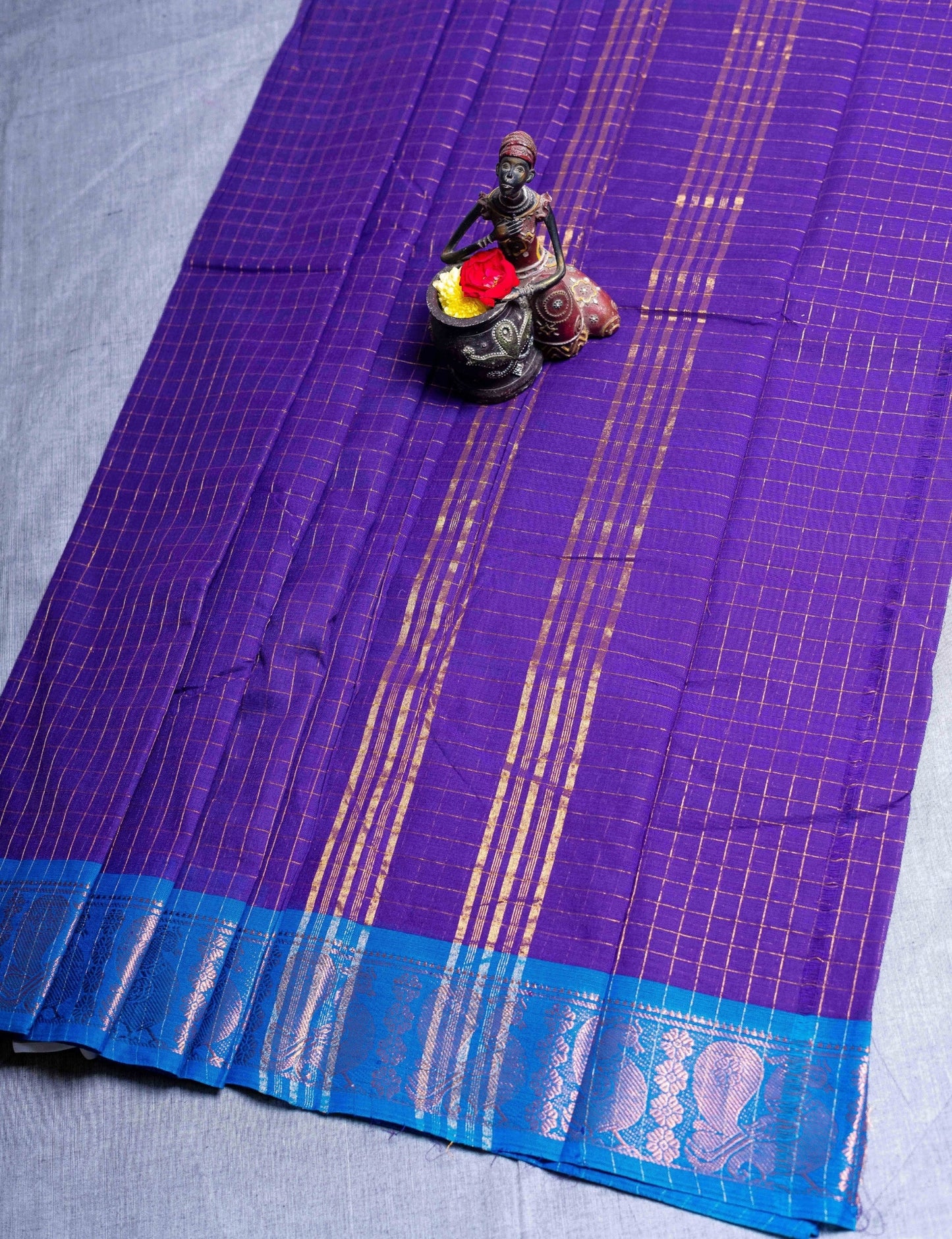 Kanjivaram Black Checks Pure Cotton Saree Without Blouse