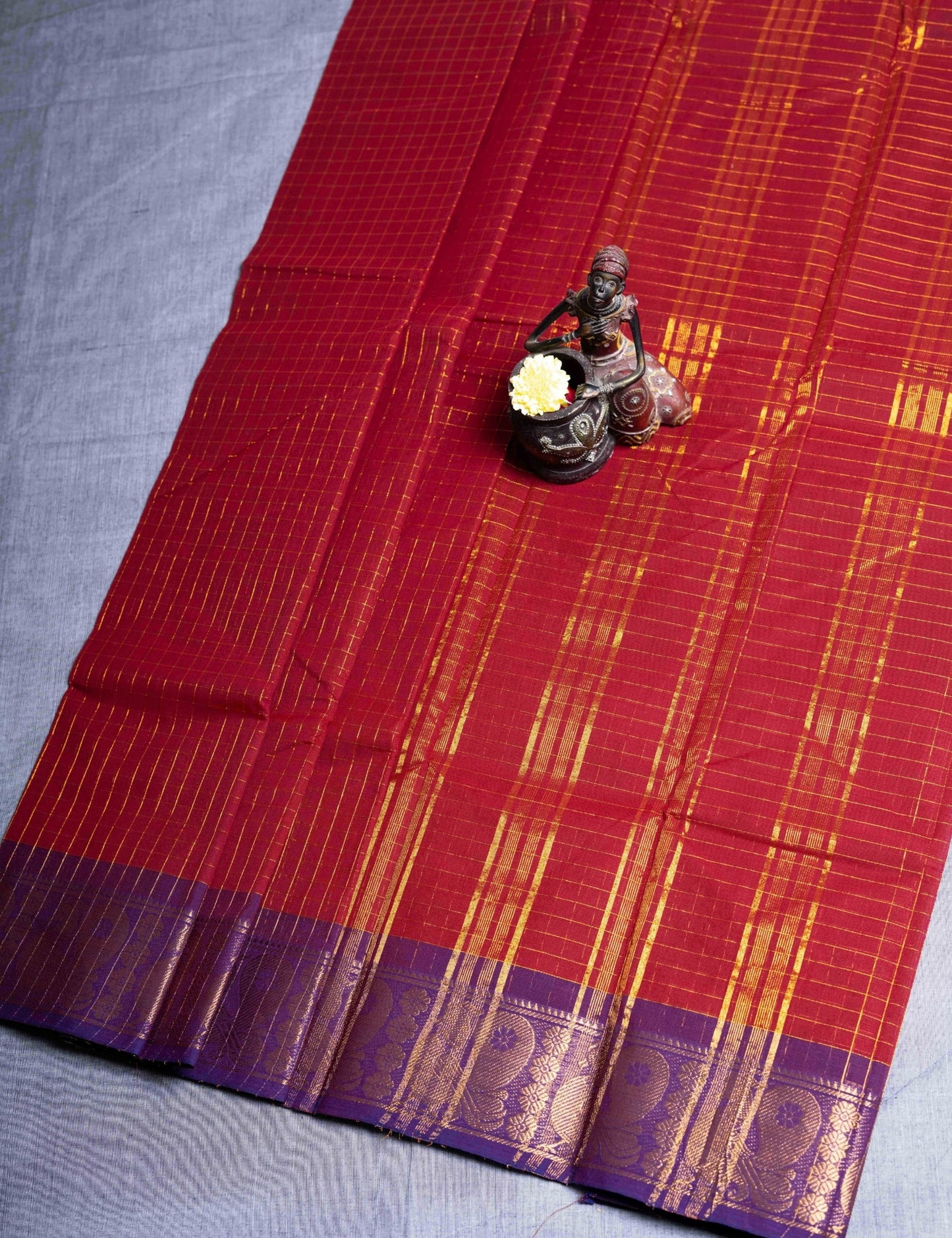 Kanjivaram Black Checks Pure Cotton Saree Without Blouse