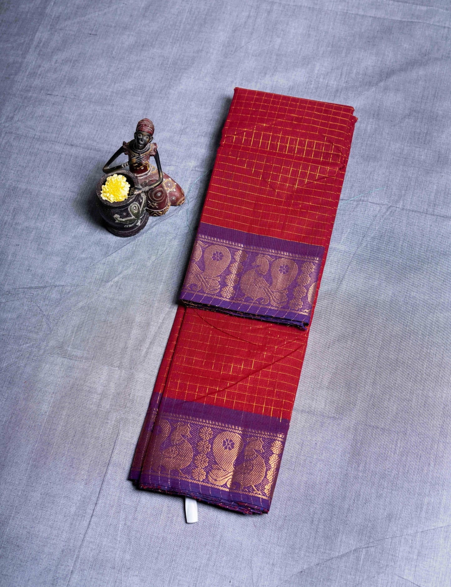 Kanjivaram Black Checks Pure Cotton Saree Without Blouse