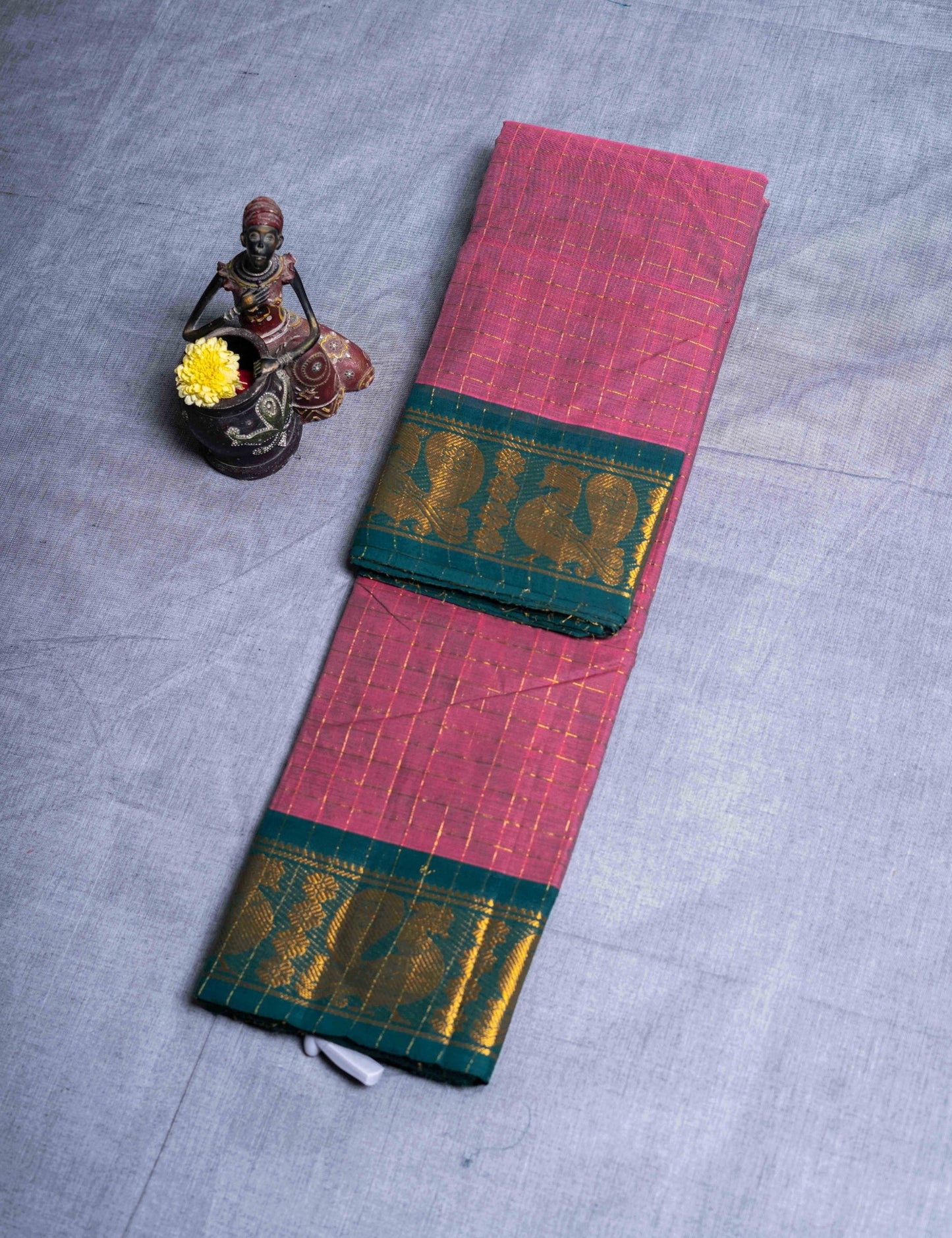 Kanjivaram Black Checks Pure Cotton Saree Without Blouse