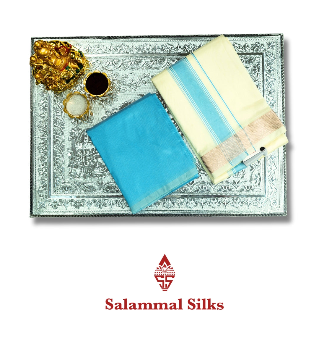 Half White Semi Silk Dhoti, Angavastram & Sky Blue Shirt (2.50M) with Copper Border
