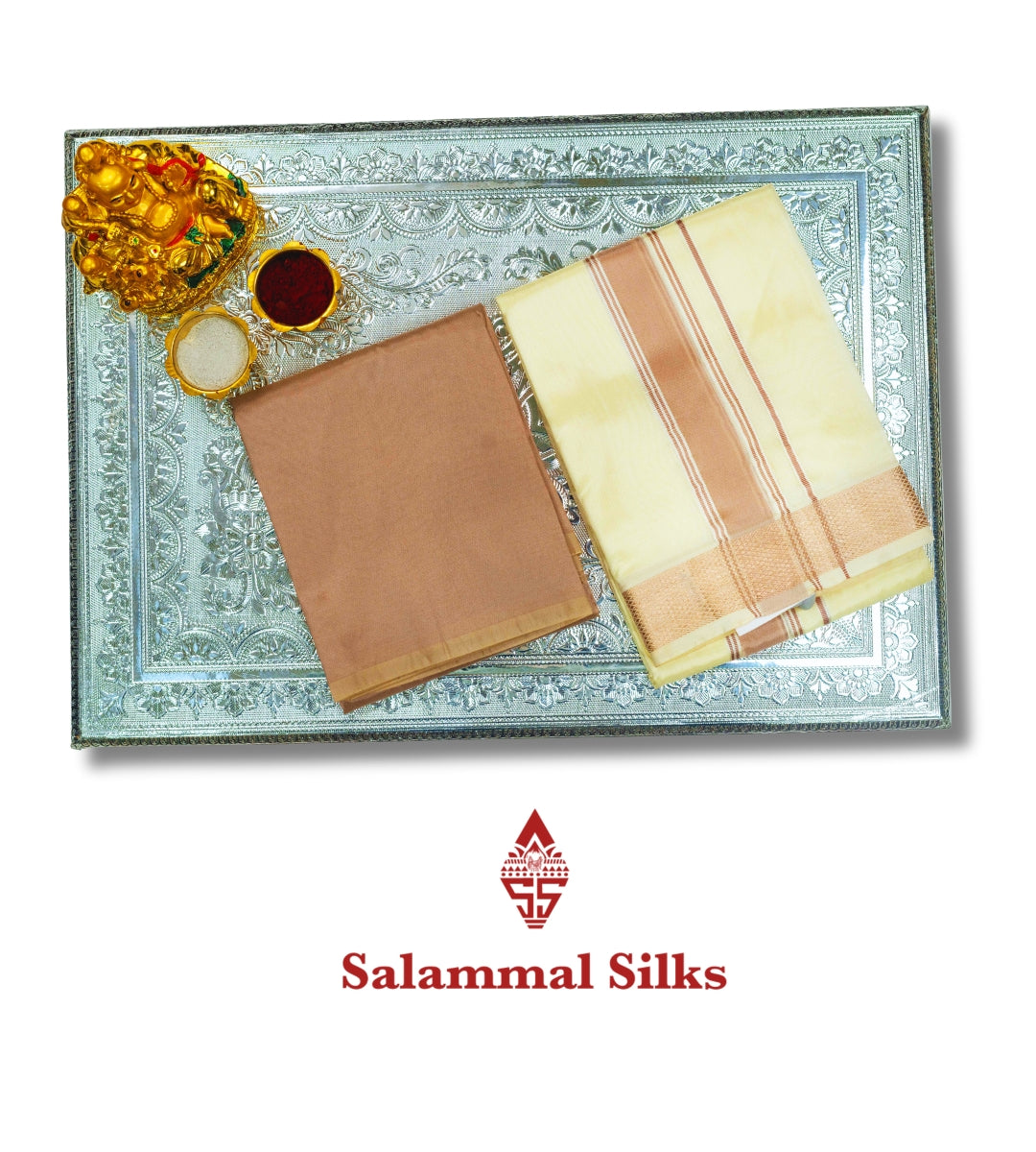 Half White Semi Silk Dhoti, Angavastram & Light Brown Shirt (2.50M) with Copper Border