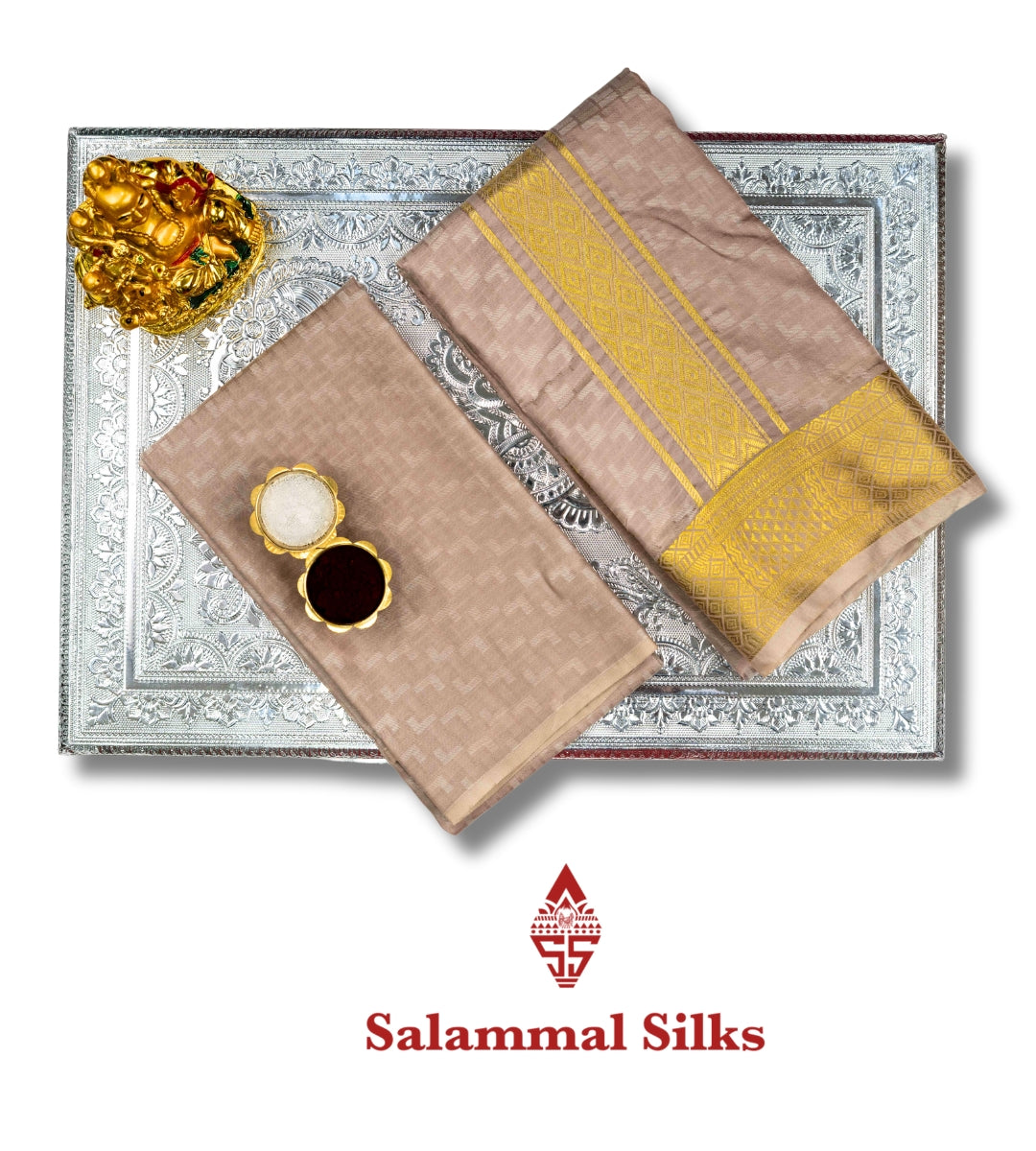 Light Sandal Semi Silk Dhoti, Angavastram & Shirt (2.50M) with Gold Zari Border