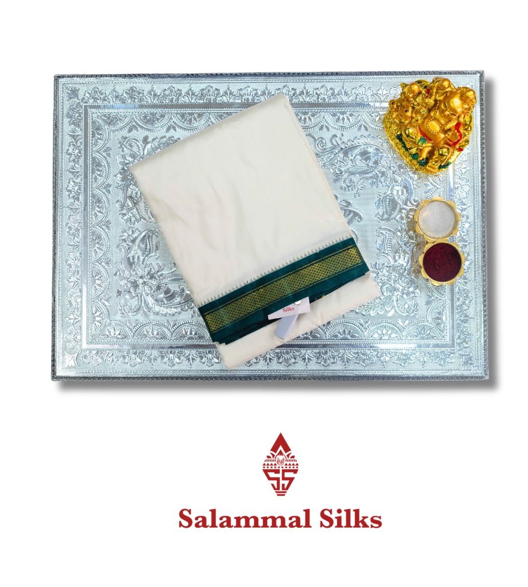 White Pure Silk Dhoti, Angavastram & with Kanga Jamuna Border