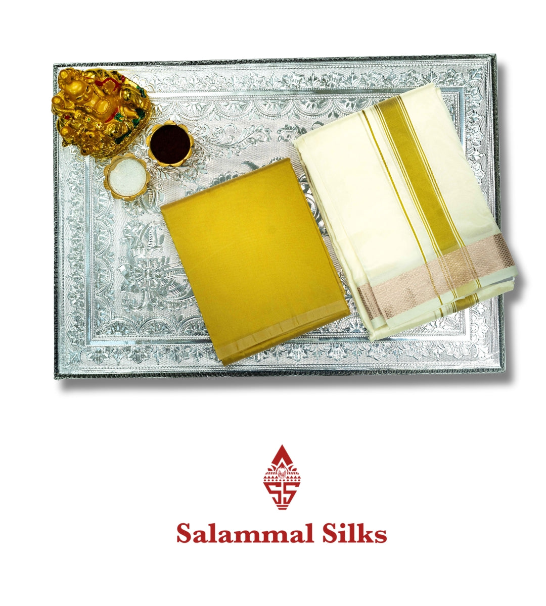 Half White Semi Silk Dhoti, Angavastram & Shirt (2.50M) with Copper Border