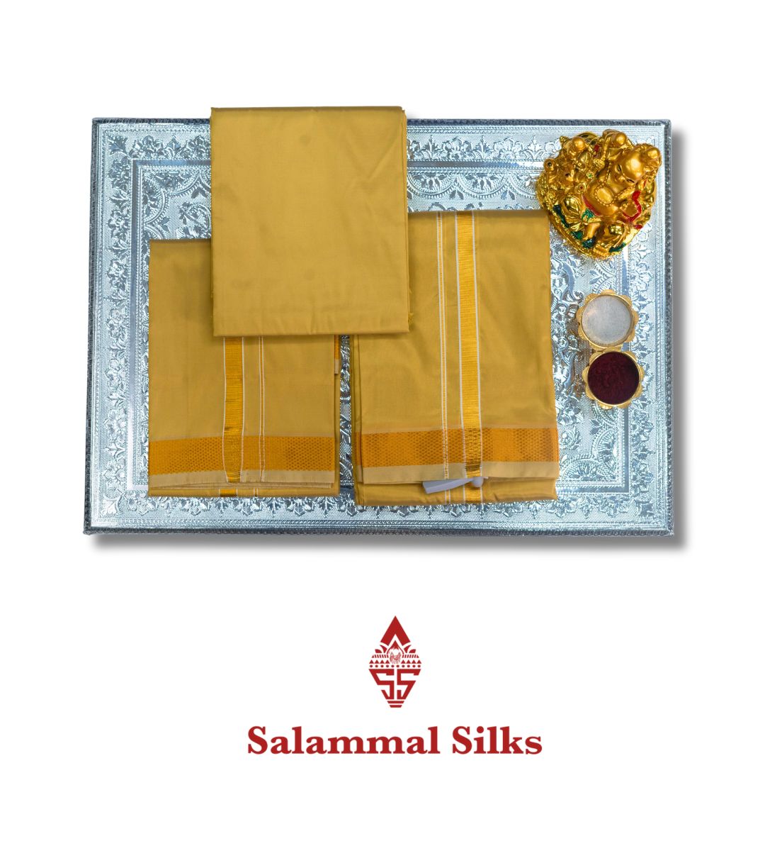 Olive Mustard Yellow Semi Silk Dhoti, Angavastram & Shirt (2.50M) with Gold Zari Border