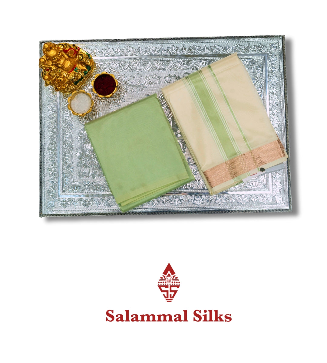 Half White Semi Silk Dhoti, Angavastram & Light Green Shirt (2.50M) with Copper Border