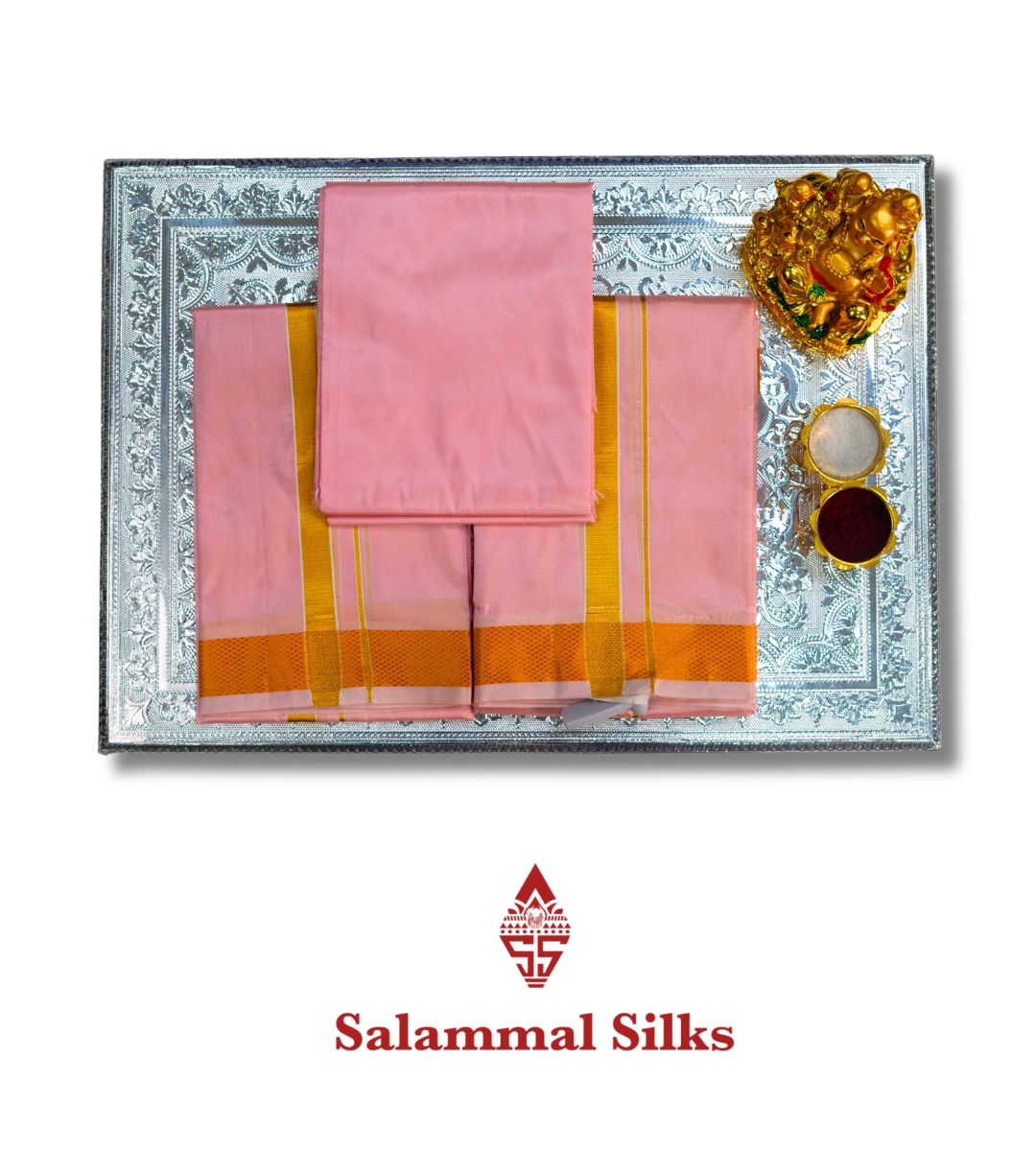 Pinkish Peach Semi Silk Dhoti, Angavastram & Shirt (2.50M) with Gold Zari Border