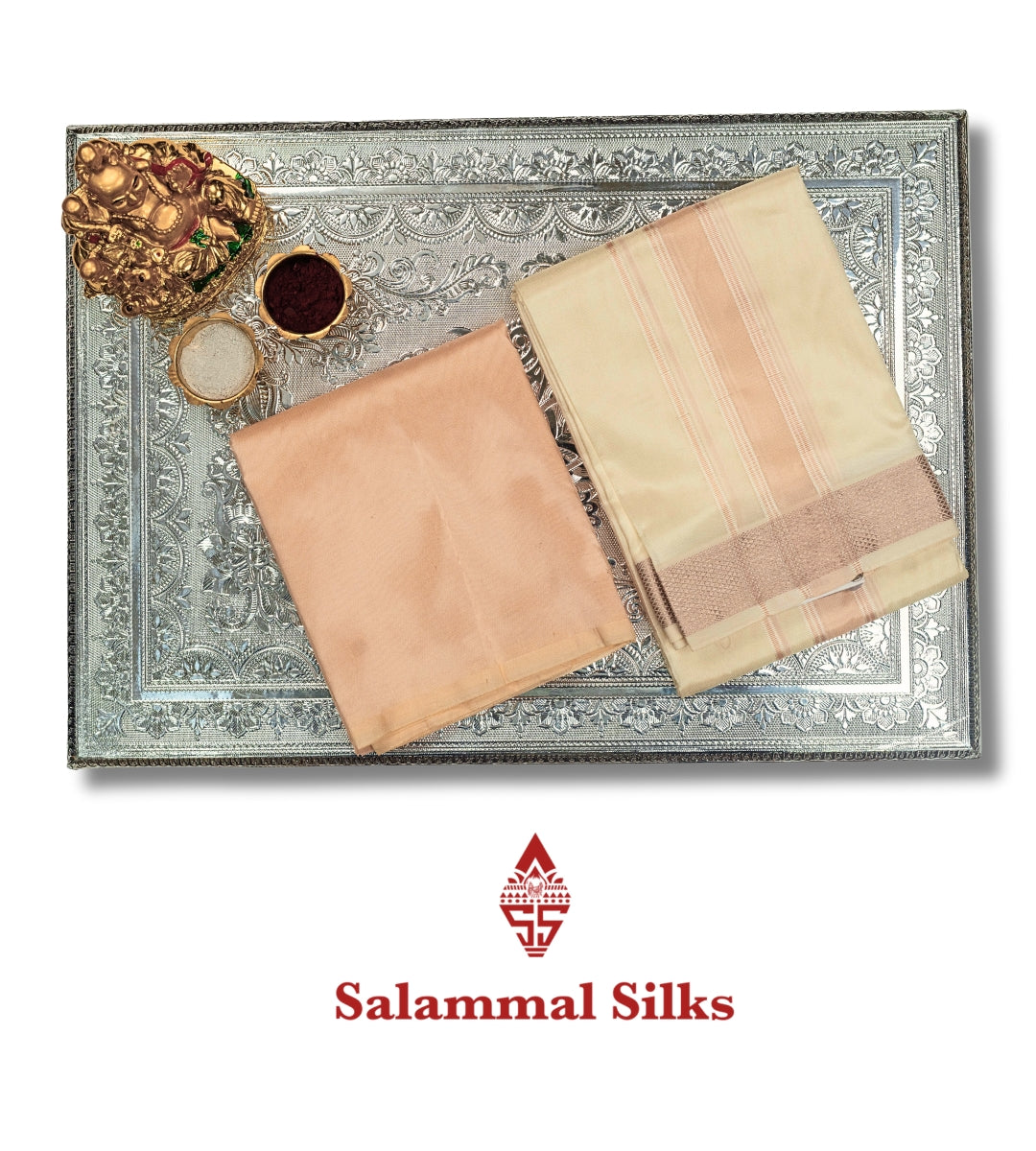 Half White Semi Silk Dhoti, Angavastram & Shirt (2.50M) with Copper Border
