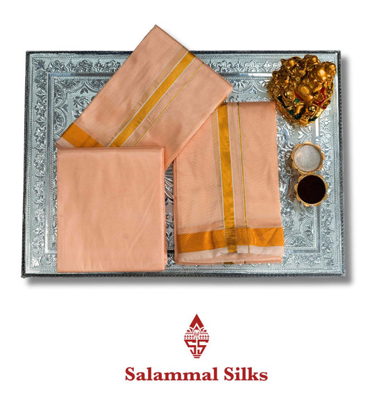 Cream Sandal Semi Silk Dhoti, Angavastram & Shirt (2.50M) with Gold Zari Border
