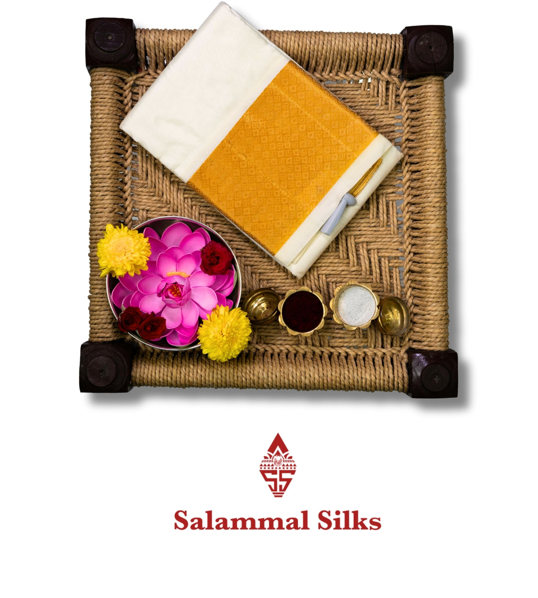 White Pure Silk Dhoti, Angavastram & with Gold Zari Border