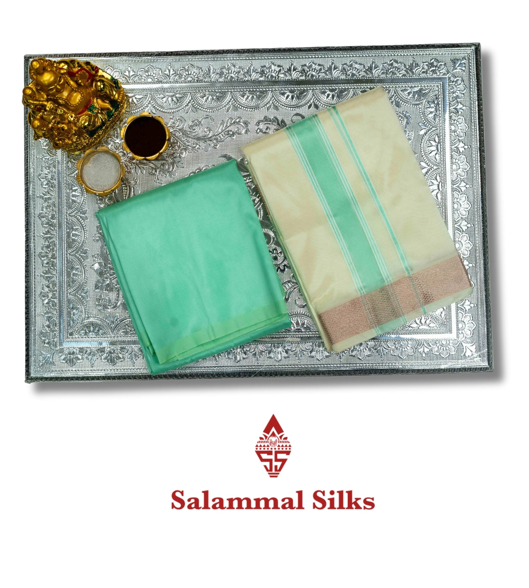 Half White Semi Silk Dhoti, Angavastram & Shirt (2.50M) with Copper Border