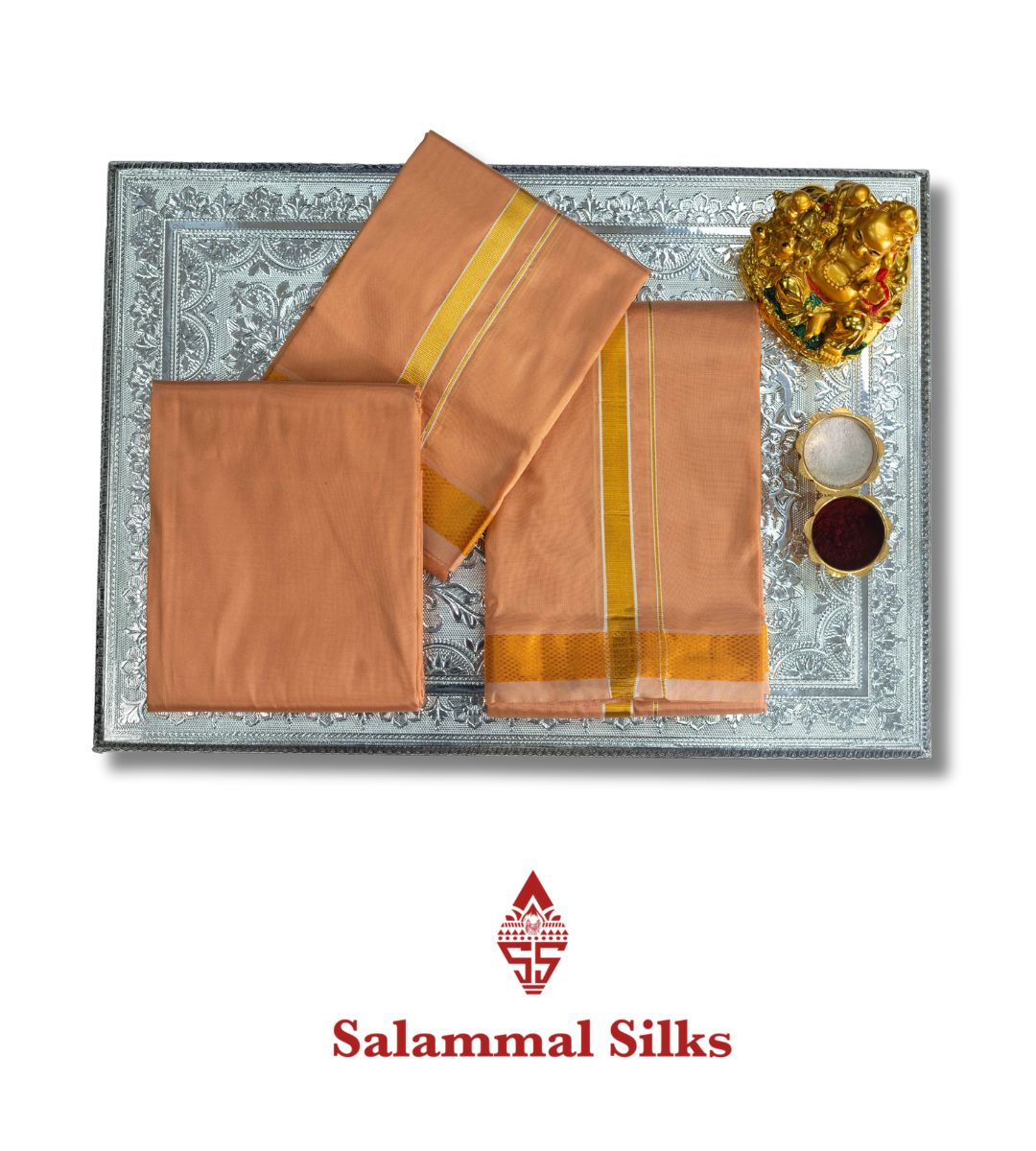 Light Brown Semi Silk Dhoti, Angavastram & Shirt (2.50M) with Gold Zari Border