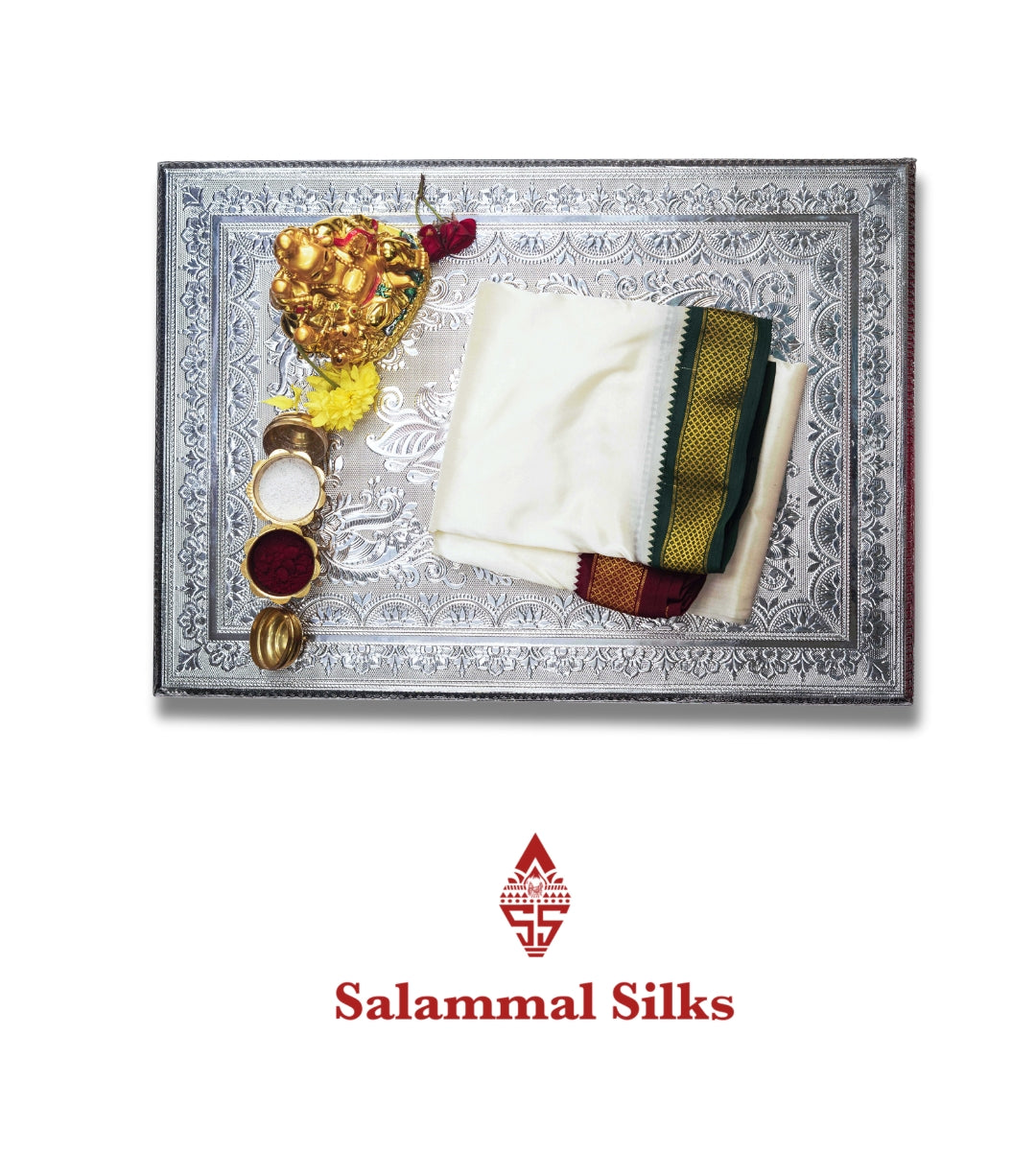 White Dhoti, Angavastram & with Small Kanga Jamuna Border