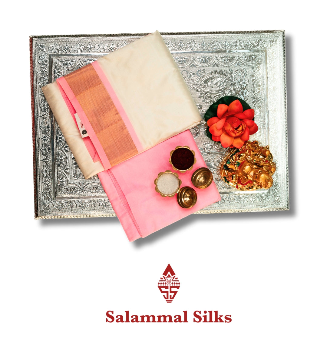 Off White Pure Silk Dhoti, Angavastram & Shirt (2.50M) with Baby Pink Border