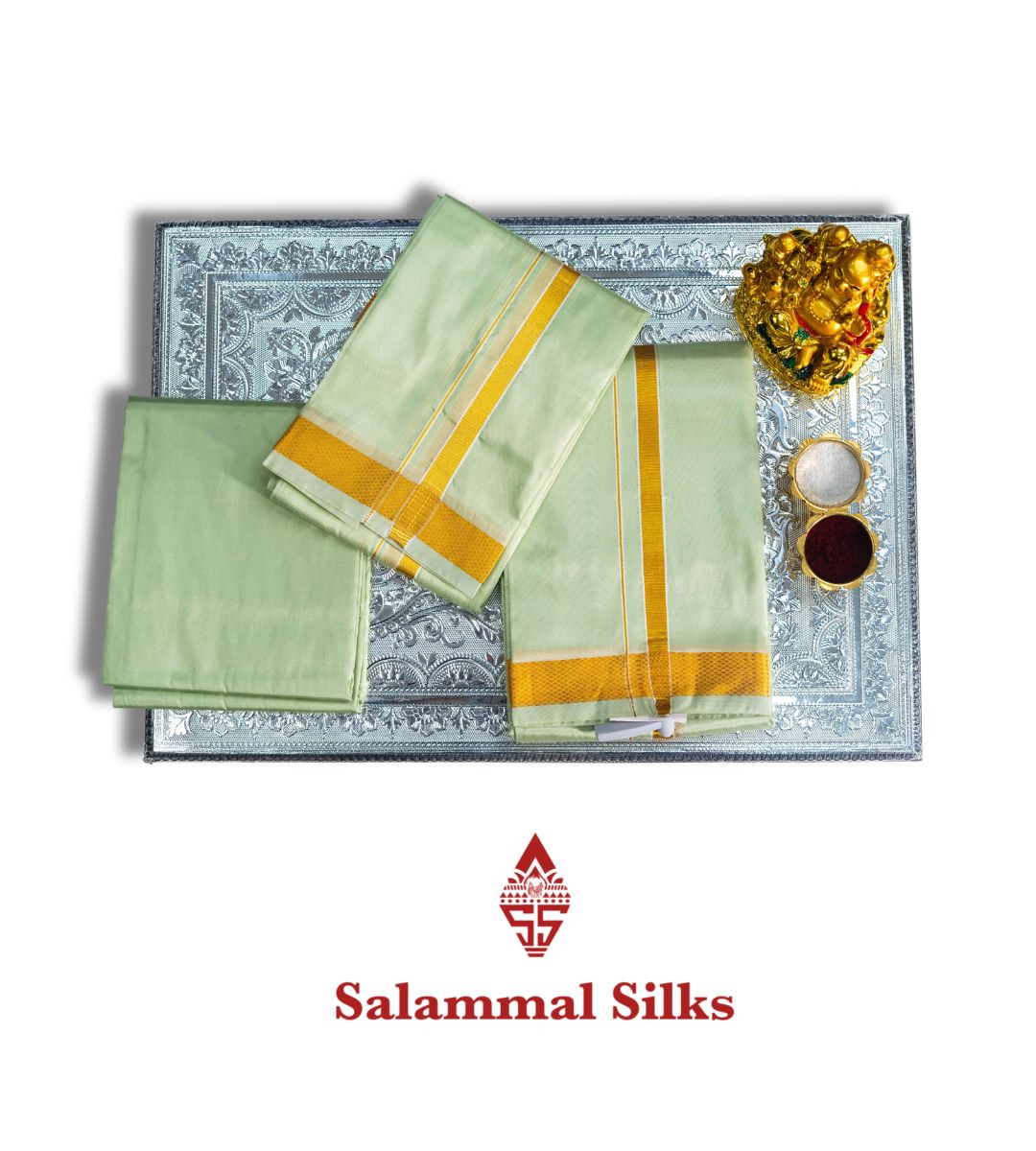 Pista Green Semi Silk Dhoti, Angavastram & Shirt (2.50M) with Gold Zari Border