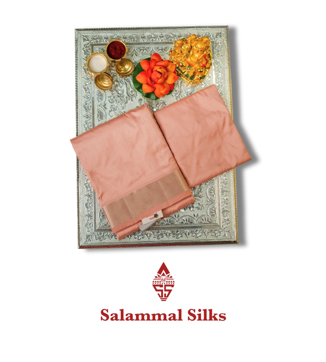 Light Copper Pure Silk Dhoti, Angavastram & Shirt (2.50M) with Silver Zari Border