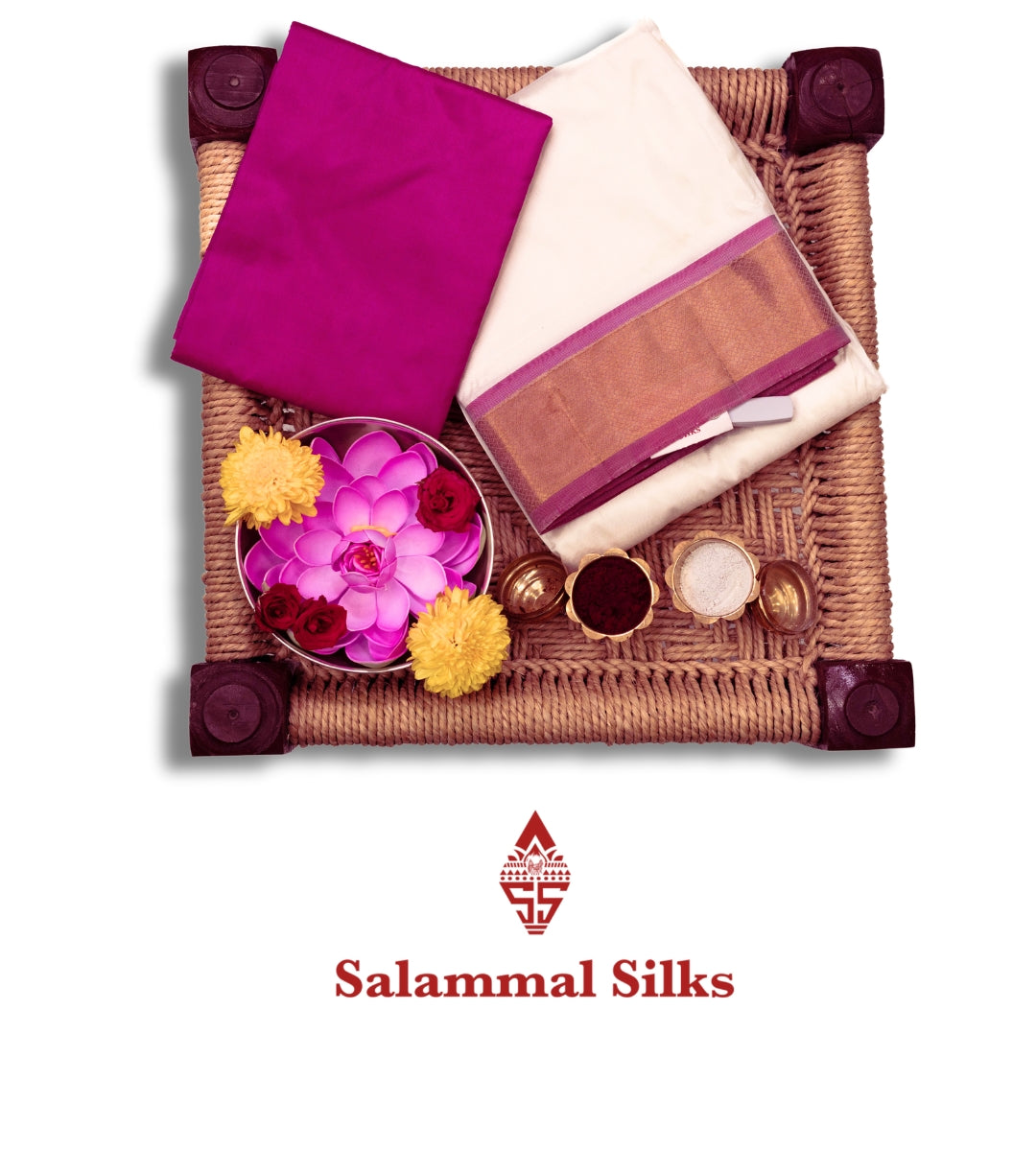 Off White Pure Silk Dhoti, Angavastram & Shirt (2.50M) with Magenta Border