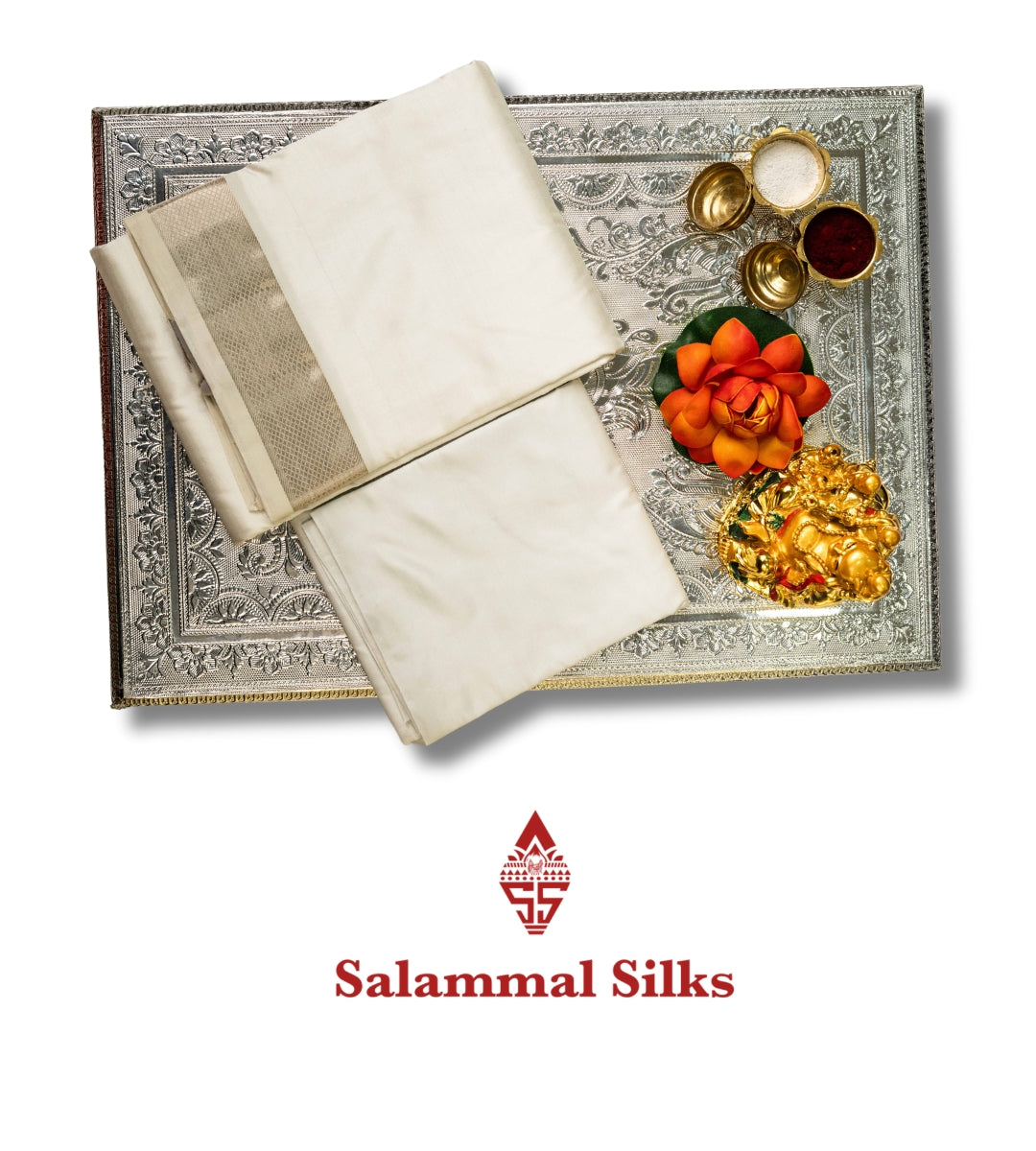 White Pure Silk Dhoti, Angavastram & Shirt (2.50M) with Silver Zari Border