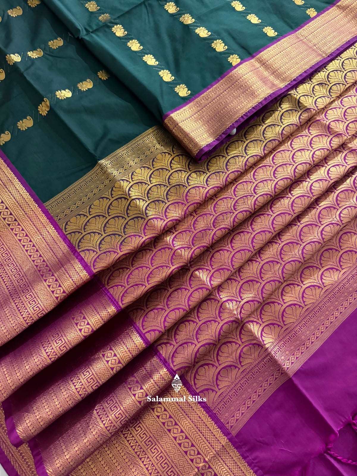 Bottle Green Semi Soft Silk Saree With Magenta Border