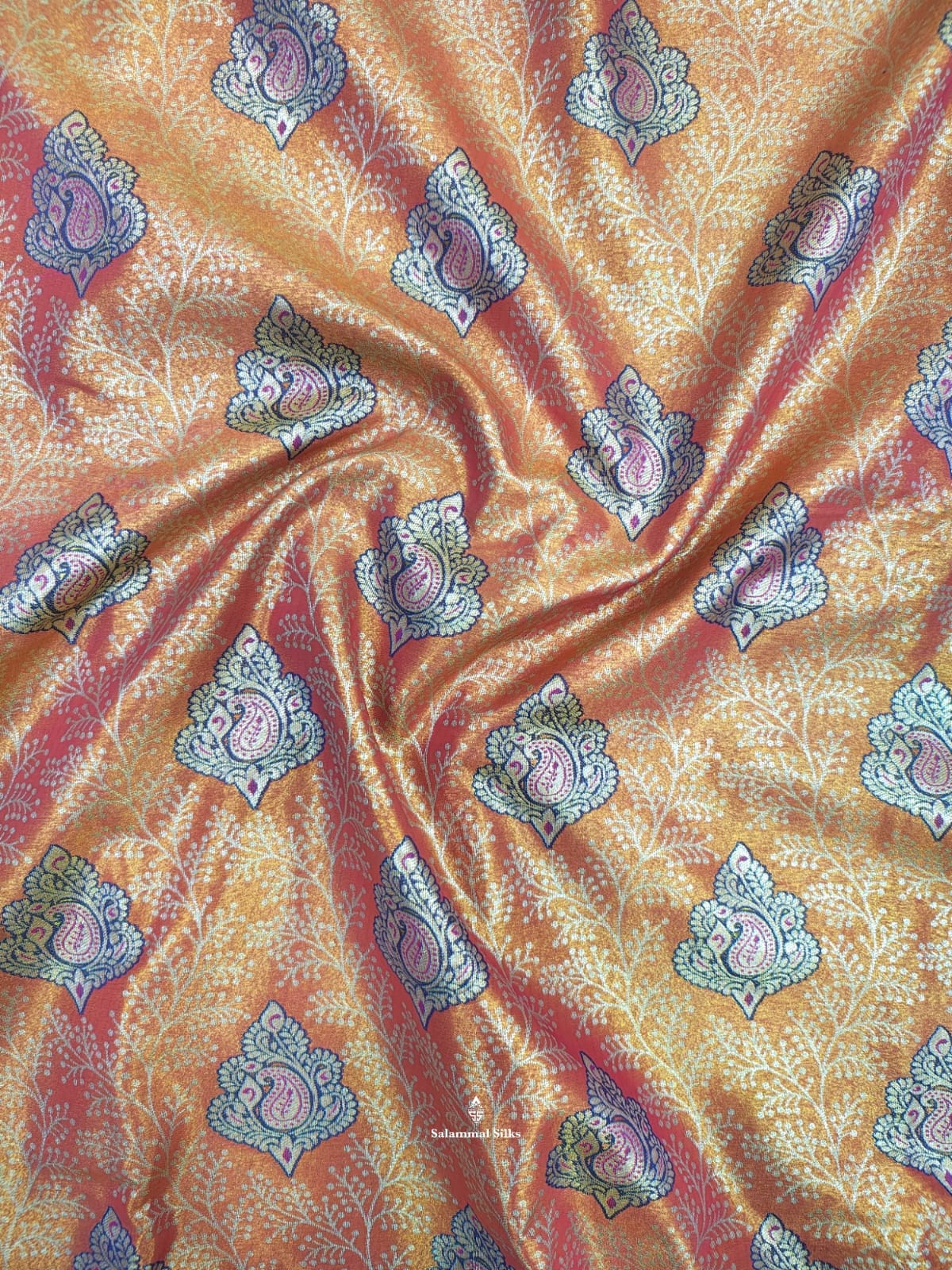 Reddish Orange Bridal Tissue Semi Silk Saree With Violet Border